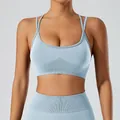 Sky blue seamless multi-strap sports bra with high-waisted ribbed yoga leggings set - S / Tops / Grey Blue