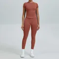 Naadloze korte mouw yogaset in steenrood met compressieleggings met een hoge taille - XS / Boven- En Onderstuk / Broek Set / Karamel Koper