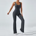Slim fit dark grey backless yoga jumpsuit with flared legs and butt lift design - S / Top And Bottom / Volcanic Gray