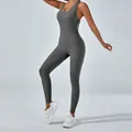 Dark gray one-piece yoga jumpsuit, high-stretch athletic athletic bodysuit for women - S / Top And Bottom / Volcanic Gray