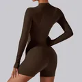 Brown long sleeve one-piece athletic yoga bodysuit with back view showing slim fit - Coffee