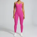 Mono de yoga fucsia vibrante sin costuras con espalda descubierta y tirantes finos - S / Top Y Pantalón / Fruta