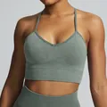 Seamless acid wash yoga set in sage green featuring V-neck sports bra and high waist leggings - L / Tops / Green