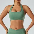 Soutien-gorge de yoga vert sauge et ensemble de leggings taille croisée pour fitness - S / Hauts / Soutien-gorge dos nu / Vert Sauge