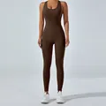 Professional chocolate brown high-elasticity yoga jumpsuit with sleek open back and full length - S / Top And Bottom / Coffee