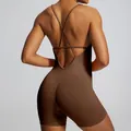 Brown seamless backless yoga bodysuit with cross straps and tummy control for workout. - S / Top And Bottom / Coffee
