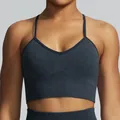 Charcoal grey sand-washed seamless sports bra with ribbed texture and V-neck - S / Tops / Black