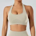 Beige halter neck sports bra with U-neck design, shockproof top for yoga and fitness - S / Tops / Khaki