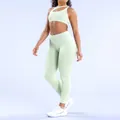 Dettaglio del set reggiseno sportivo e leggings senza cuciture colore verde menta - XS / Top E Pantaloni / Verde Palma
