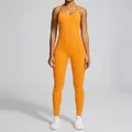 Mono de yoga naranja de canalé sin costuras con tirantes finos para fitness y danza - S / Top Y Pantalón / Naranja