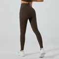 Leggings da yoga a vita alta con arricciatura in tessuto marrone scuro senza cuciture - Caffè
