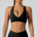 Soutien-gorge de sport noir professionnel avec col en V croisé pour le yoga et le fitness - S / Hauts / Soutien-gorge dos nageur / Noir