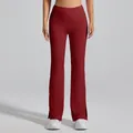 High waist dark red flared yoga pants featuring stylish side slits for fitness workout - Cherry Red