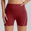 High waist dark red sports yoga shorts with white contrast side piping for women - Cherry Red