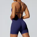 Seamless navy blue yoga bodysuit with criss-cross backless design for women fitness - S / Top And Bottom / Midnight Blue