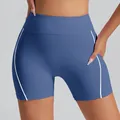 High-waisted blue yoga shorts featuring white side stripes and supportive fitness fit - Night Sky Blue