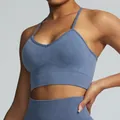 Professional acid washed seamless blue yoga set with sports bra and high-waist leggings - L / Tops / Grey Blue