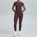 Naadloze yogaset met ronde hals en korte mouwen in donker bordeauxrood voor sportvrouwen - XS / Boven- En Onderstuk / Broek Set / Espresso