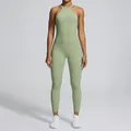 Sage green one-piece backless yoga bodysuit featuring high-waisted quick-dry athletic fabric - Bean Green