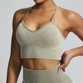 Women's seamless sand-washed yoga fitness set in sage green featuring high-waist sports bra - S / Tops / Cream