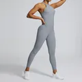 Elegant grey backless one-piece yoga bodysuit for women, gym and fitness jumpsuit - L / Top And Bottom / Haze Grey