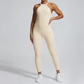 Sleeveless backless yoga jumpsuit in cream beige with a stylish halter neck design - L / Top And Bottom / Oat Apricot