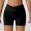 Short de yoga noir à taille haute croisée en tissu brossé ultra doux et respirant - S / Bas / Short / Noir
