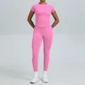 Roze naadloze yogaset voor dames met shirt met korte mouwen en strakke sportlegging - XS / Boven- En Onderstuk / Broek Set / Bloemroze