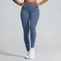 Hochtaillierte blaue nahtlose Leggings mit Sandwaschung für Yoga, Fitness und Sport - S / Unterteile / Graublau