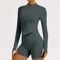 Women's seamless ribbed yoga set with long sleeve zip top and shorts in dark grey - S / Tops / Dark Gray
