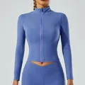 Veste de yoga bleue ajustée en tissu brossé avec fermeture éclair et legging assorti - XL / Haut Et Bas / Ensemble à Manches Longues / Bleu Lichen
