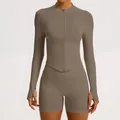 Brown seamless ribbed yoga set with long sleeve zip-up top and high-waisted shorts - S / Tops / Khaki