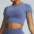 Nahtloses sandgewaschenes Yoga-Set für Damen in verblasstem Blau mit bauchfreiem Oberteil - S / Oberteile / Blau
