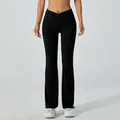 Pantalon de yoga évasé noir à taille haute et taille croisée pour femmes - S / Bas / Pantalon évasé / Noir