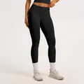 High-waisted black athletic yoga leggings with ribbed waistband for tummy control - S / Bottoms / Black