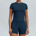 Naadloze yoga-set voor dames met top met korte mouwen en bijpassende short in donkerblauw - XS / Boven- En Onderstuk / Short Set / Inktblauw