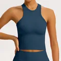 Donkerblauwe naadloze racerback yoga tanktop voor dames met geribbelde compressie - S / Tops / Blauw