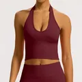 Breathable burgundy halter neck yoga bra, seamless sports top for gym and outdoor fitness - Cherry Red
