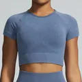 Professionelles blaues, nahtloses, sandgewaschenes Kurzarm-Sport-Crop-Top für Damen-Yoga - S / Oberteile / Graublau