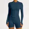 Blue seamless ribbed yoga set with long sleeve zipper top and high waist shorts. - S / Tops / Blue