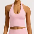 Breathable pink halter neck seamless yoga sports bra for fitness and outdoor gym activities - Peach Pink
