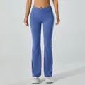 Pantalon de yoga évasé bleu à taille haute avec ceinture en V croisée pour le fitness - S / Bas / Pantalon évasé / Bleu Lichen