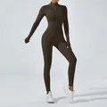 Mono de yoga marrón de manga larga con cremallera para fitness de alta intensidad - S / Top Y Pantalón / Café