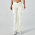 Pantalon de yoga évasé crème à taille haute en V croisée pour le fitness féminin - S / Bas / Pantalon évasé / Blanc Mélange