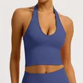 High-impact seamless halter neck yoga sports bra in dusty blue for fitness and outdoor - Marble Purple