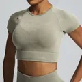 Nahtloses Sport-Crop-Top in Salbeigrün mit Rippstruktur und Sandwash-Finish. - S / Oberteile / Creme