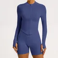 Women's two-piece seamless blue yoga set with long sleeve zip top and shorts - Marble Purple
