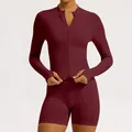 Wine red seamless long sleeve zip-up yoga set with high waist compression shorts - Cherry Red