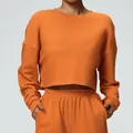 Ζωντανό πορτοκαλί γυναικείο cropped φούτερ με λαιμόκοψη και ασορτί παντελόνι φόρμας. - M / Tops / Έντονο πορτοκαλί