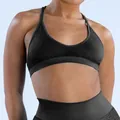 Detailed close-up of a seamless black sports bra showing jacquard texture and U-neck cut. - Black